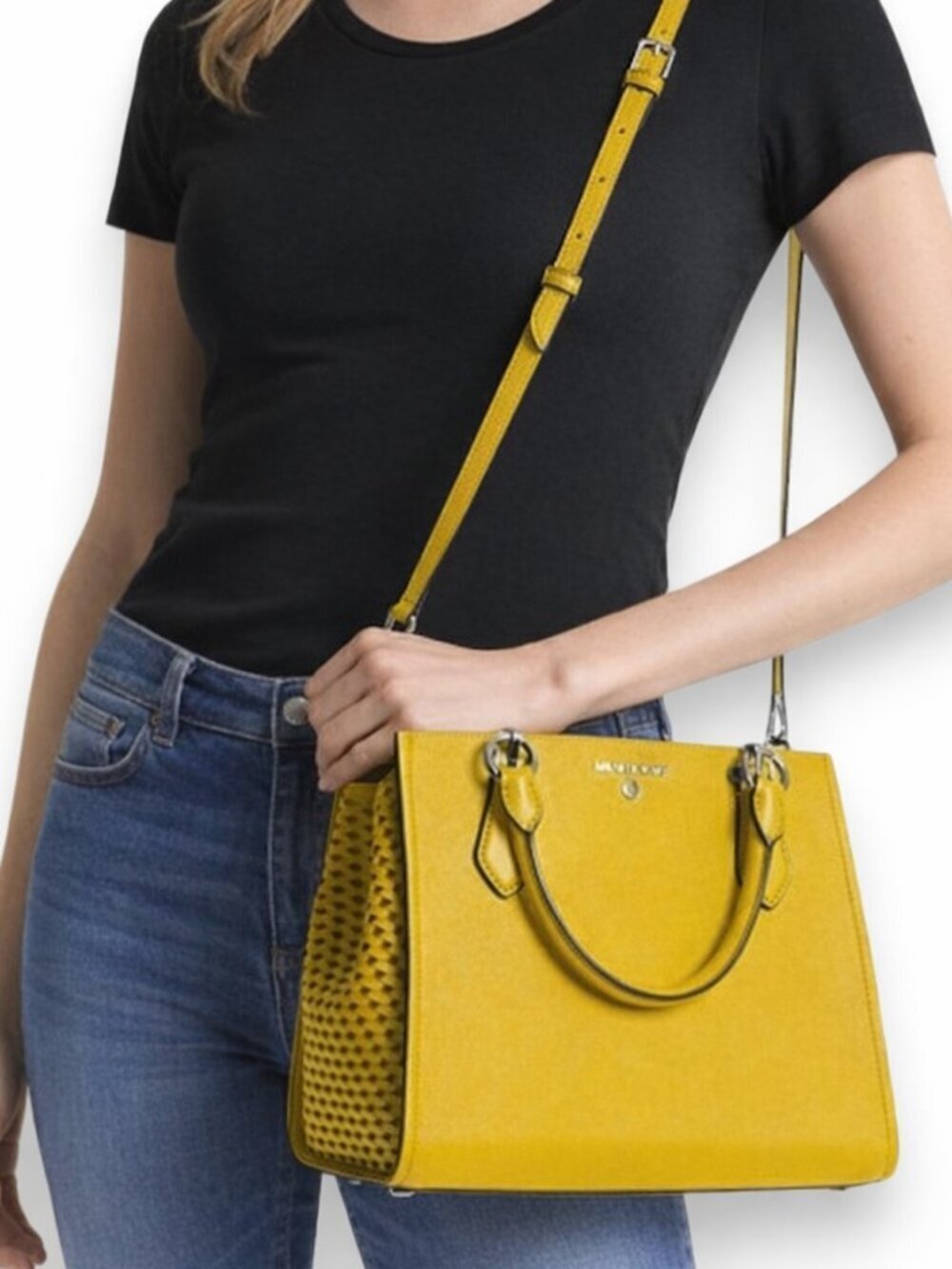 Michael Kors Marilyn Medium Saffiano Leather Woven Sides Purse Satchel Tote NWT - Picture 3 of 15